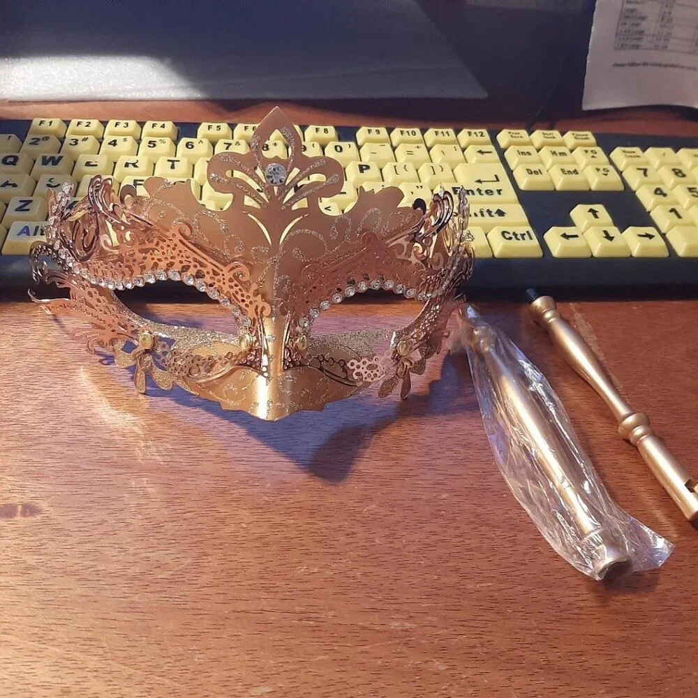 NEW ! Halloween Costume Couples Masquerade Mask Gold & Stone Metal & Sticker